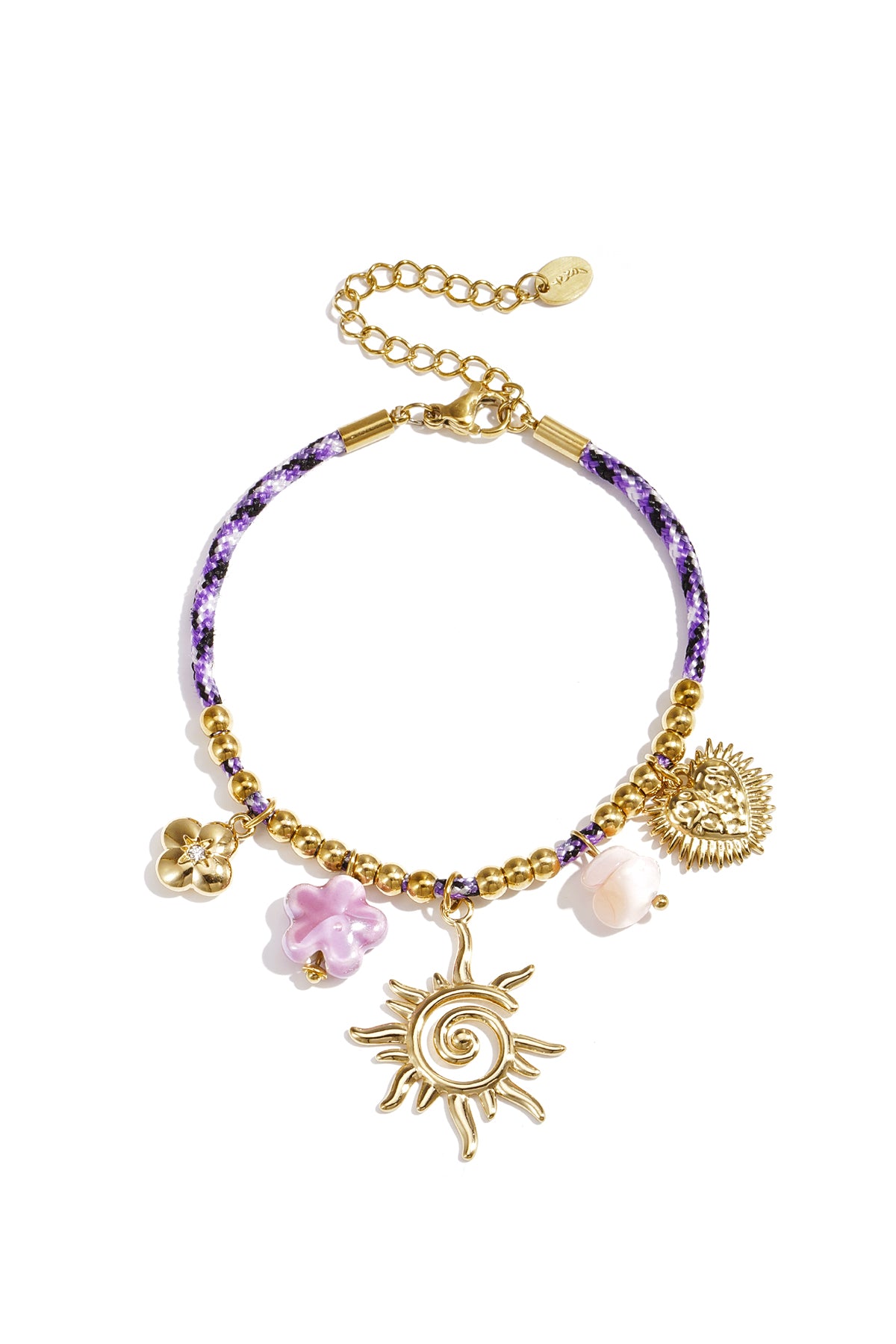 Colorful cord bracelet with varying pendants purple