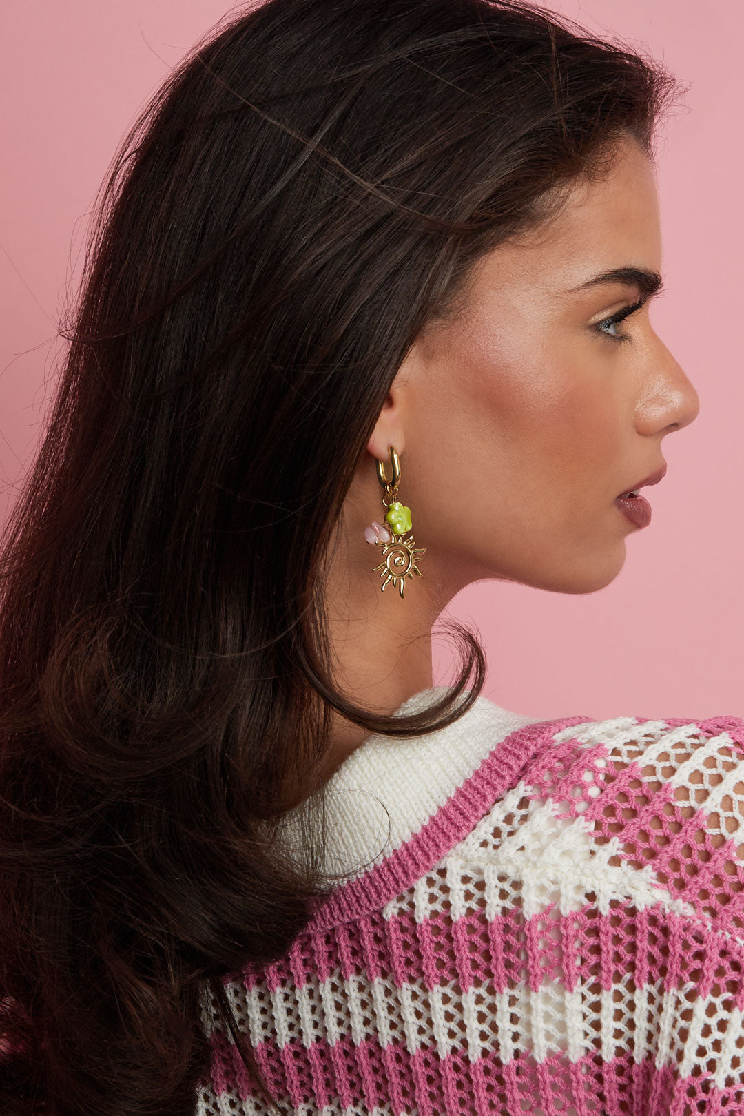Oval hoop earrings with sun and bead charms