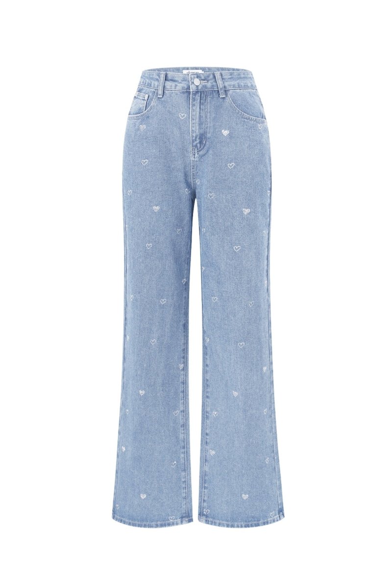 Cotton Woven Women's Straight Leg Denim Pants Heart Embroidery Casual - Velaris Femme