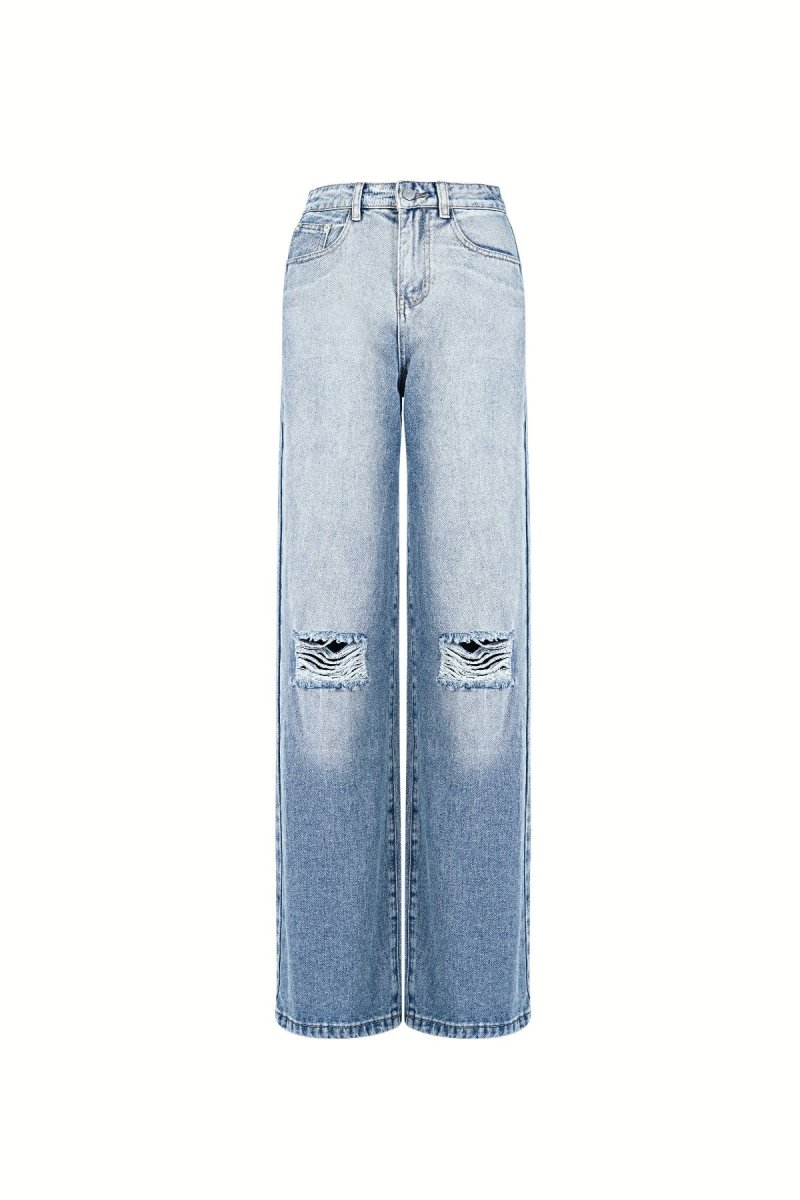 Cotton Woven Women's Straight Leg Jeans Ripped - Velaris Femme